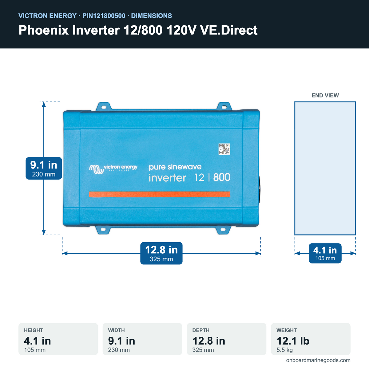Victron Phoenix Inverter 12/800 120V VE.Direct PIN121800500 dimensions: 4.1 x 9.1 x 12.8 in (105 x 230 x 325 mm), 12.1 lb
