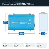 Victron Phoenix Inverter 12/800 120V VE.Direct PIN121800500 dimensions: 4.1 x 9.1 x 12.8 in (105 x 230 x 325 mm), 12.1 lb