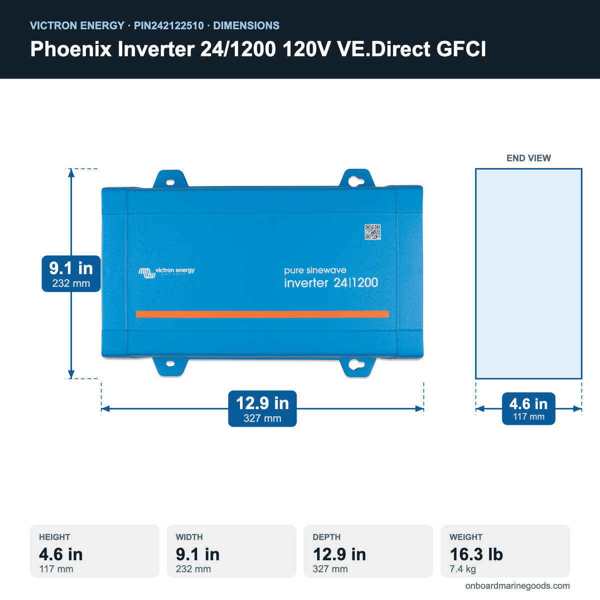 Victron Phoenix Inverter 24/1200 120V VE.Direct GFCI PIN242122510 dimensions: 4.6 x 9.1 x 12.9 in (117 x 232 x 327 mm), 16.3 lb