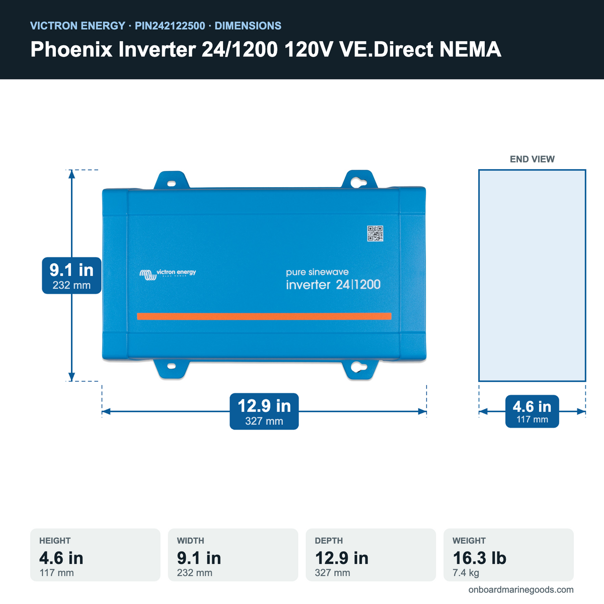 Victron Phoenix Inverter 24/1200 120V VE.Direct NEMA PIN242122500 dimensions: 4.6 x 9.1 x 12.9 in (117 x 232 x 327 mm), 16.3 lb