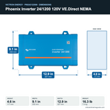 Victron Phoenix Inverter 24/1200 120V VE.Direct NEMA PIN242122500 dimensions: 4.6 x 9.1 x 12.9 in (117 x 232 x 327 mm), 16.3 lb