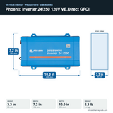 Victron Phoenix Inverter 24/250 120V VE.Direct GFCI PIN242510510 dimensions: 3.3 x 7.2 x 10.0 in (85 x 182 x 255 mm), 5.3 lb