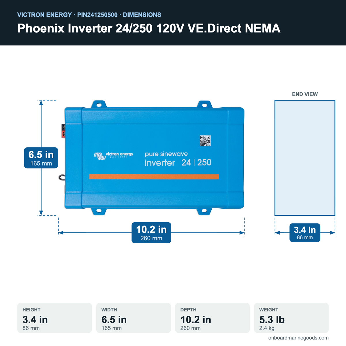 Victron Phoenix Inverter 24/250 120V VE.Direct NEMA PIN241250500 dimensions: 3.4 x 6.5 x 10.2 in (86 x 165 x 260 mm), 5.3 lb
