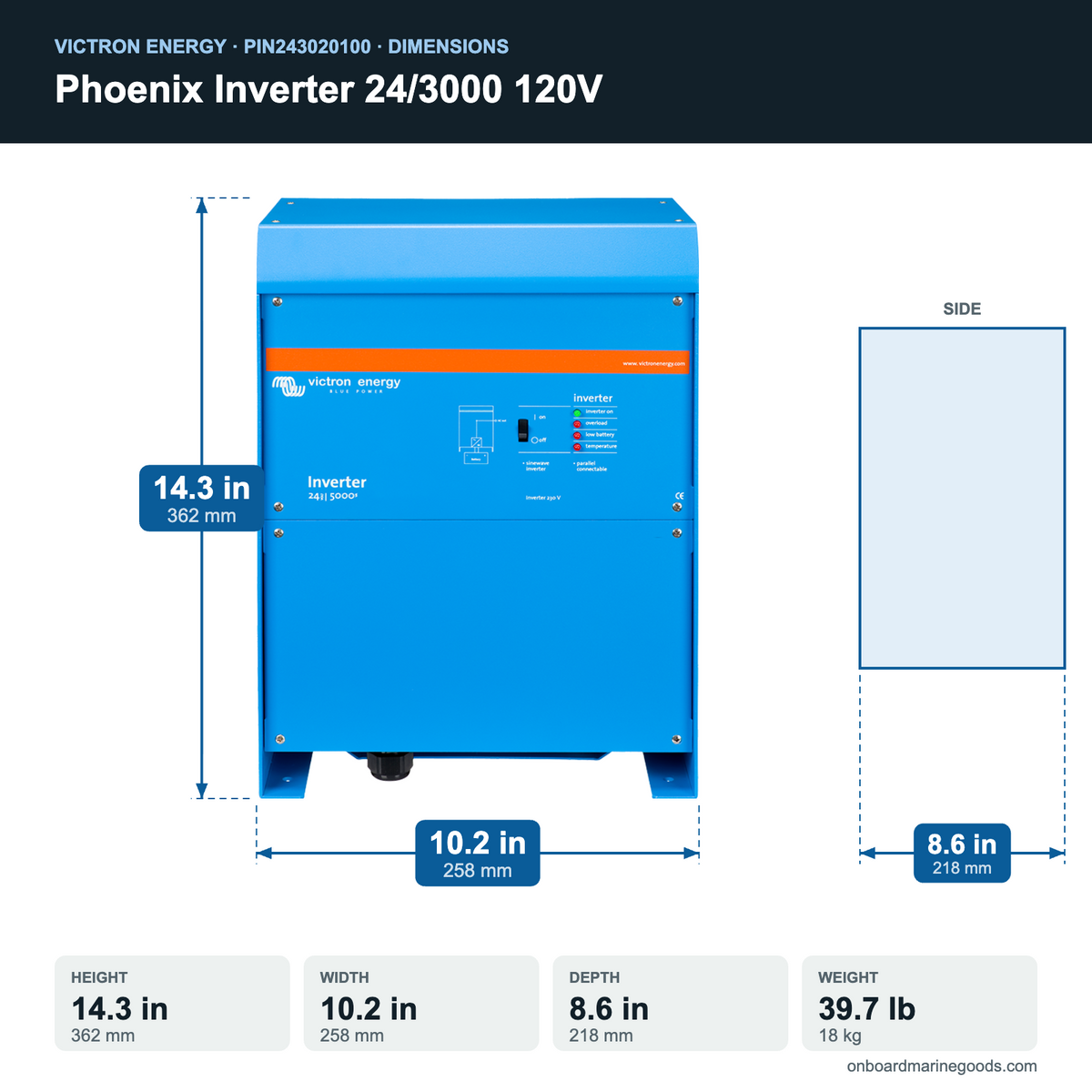 Victron Phoenix Inverter 24/3000 120V PIN243020100 dimensions: 14.3 x 10.2 x 8.6 in (362 x 258 x 218 mm), 39.7 lb