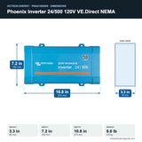 Victron Phoenix Inverter 24/500 120V VE.Direct NEMA PIN241500500 dimensions: 3.3 x 7.2 x 10.8 in (85 x 182 x 274 mm), 8.6 lb
