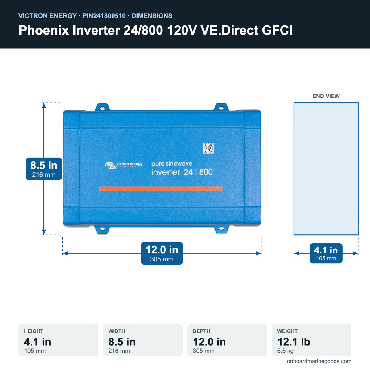 Victron Phoenix Inverter 24/800 120V VE.Direct GFCI PIN241800510 dimensions: 4.1 x 8.5 x 12.0 in (105 x 216 x 305 mm), 12.1 lb