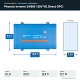 Victron Phoenix Inverter 24/800 120V VE.Direct GFCI PIN241800510 dimensions: 4.1 x 8.5 x 12.0 in (105 x 216 x 305 mm), 12.1 lb