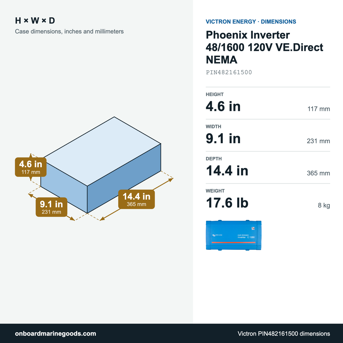 Victron Phoenix Inverter 48/1600 120V VE.Direct NEMA PIN482161500 dimensions: 4.6 x 9.1 x 14.4 in (117 x 231 x 365 mm), 17.6 lb