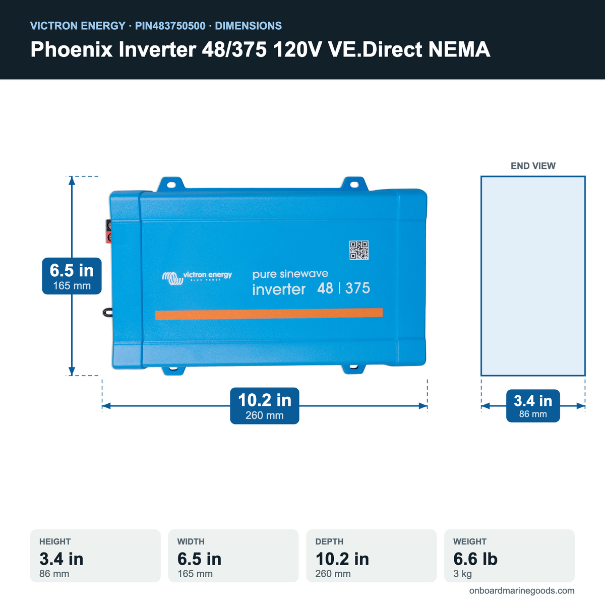 Victron Phoenix Inverter 48/375 120V VE.Direct NEMA PIN483750500 dimensions: 3.4 x 6.5 x 10.2 in (86 x 165 x 260 mm), 6.6 lb