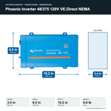 Victron Phoenix Inverter 48/375 120V VE.Direct NEMA PIN483750500 dimensions: 3.4 x 6.5 x 10.2 in (86 x 165 x 260 mm), 6.6 lb