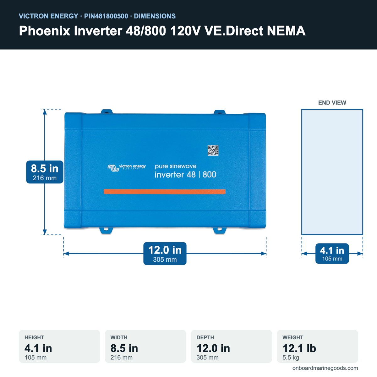 Victron Phoenix Inverter 48/800 120V VE.Direct NEMA PIN481800500 dimensions: 4.1 x 8.5 x 12.0 in (105 x 216 x 305 mm), 12.1 lb