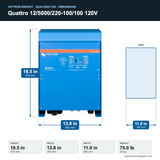 Victron Quattro 12/5000/220-100/100 120V QUA125021100 dimensions: 18.5 x 13.8 x 11.0 in (470 x 350 x 280 mm), 75.0 lb
