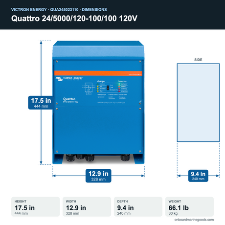 Victron Quattro 24/5000/120-100/100 120V QUA245023110 dimensions: 17.5 x 12.9 x 9.4 in (444 x 328 x 240 mm), 66.1 lb