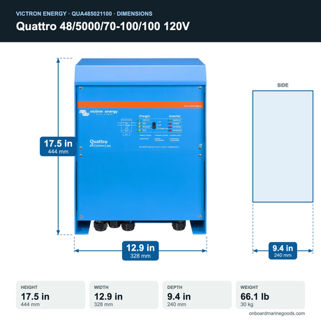 Victron Quattro 48/5000/70-100/100 120V QUA485021100 dimensions: 17.5 x 12.9 x 9.4 in (444 x 328 x 240 mm), 66.1 lb